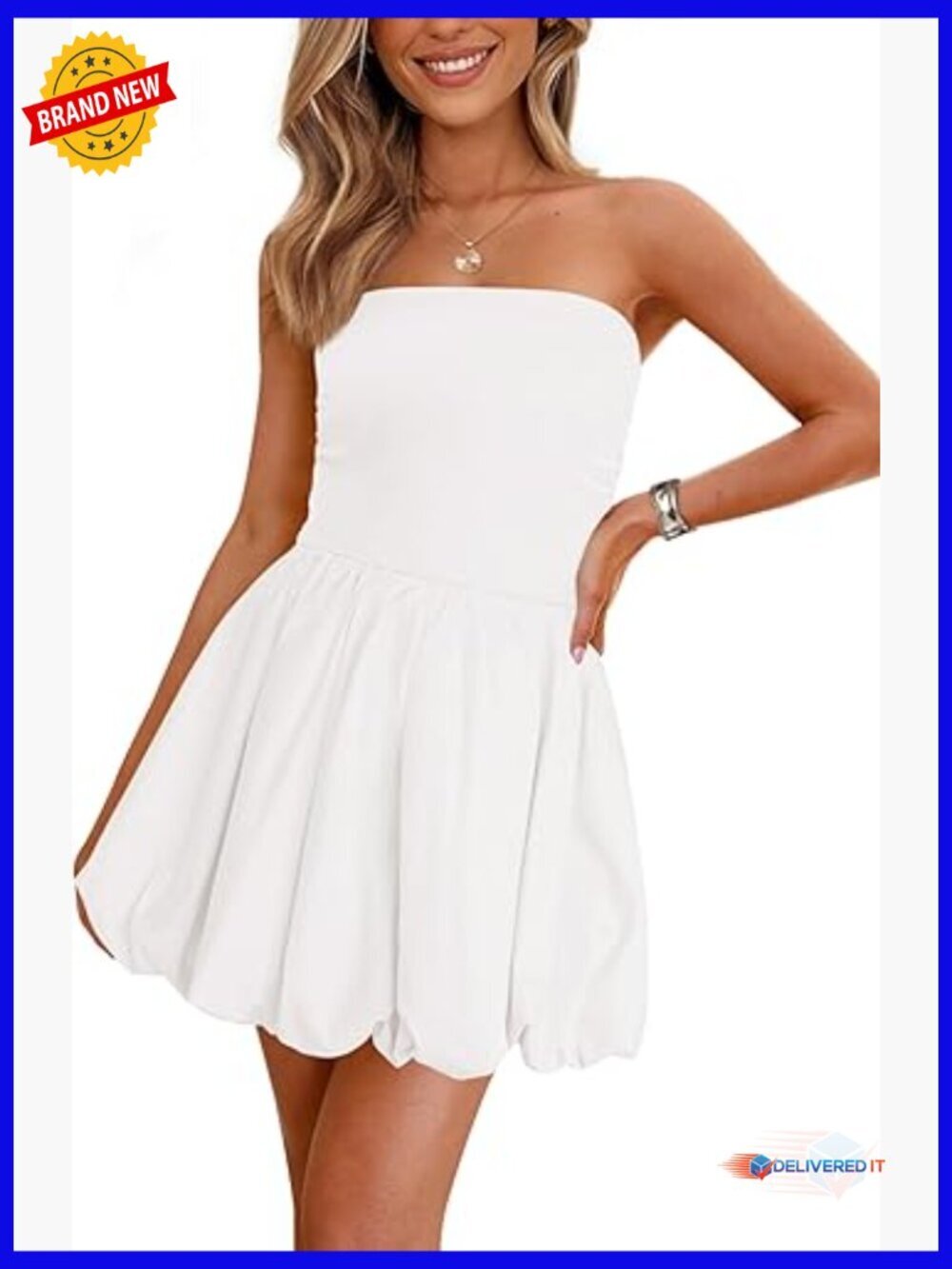 Strapless Tube Top Bubble Mini Dress Smocked Back A-Line Sundress